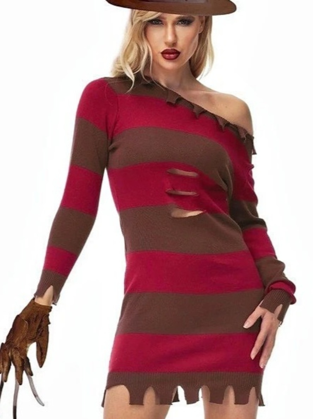 AOBUTE Women'Small Halloween Red Striped Sweater Dress with Tattered Details